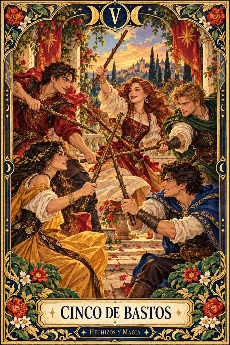 Cinco de Bastos, carta del tarot · Hechizos y Magia, Yenny Astrid Londoño