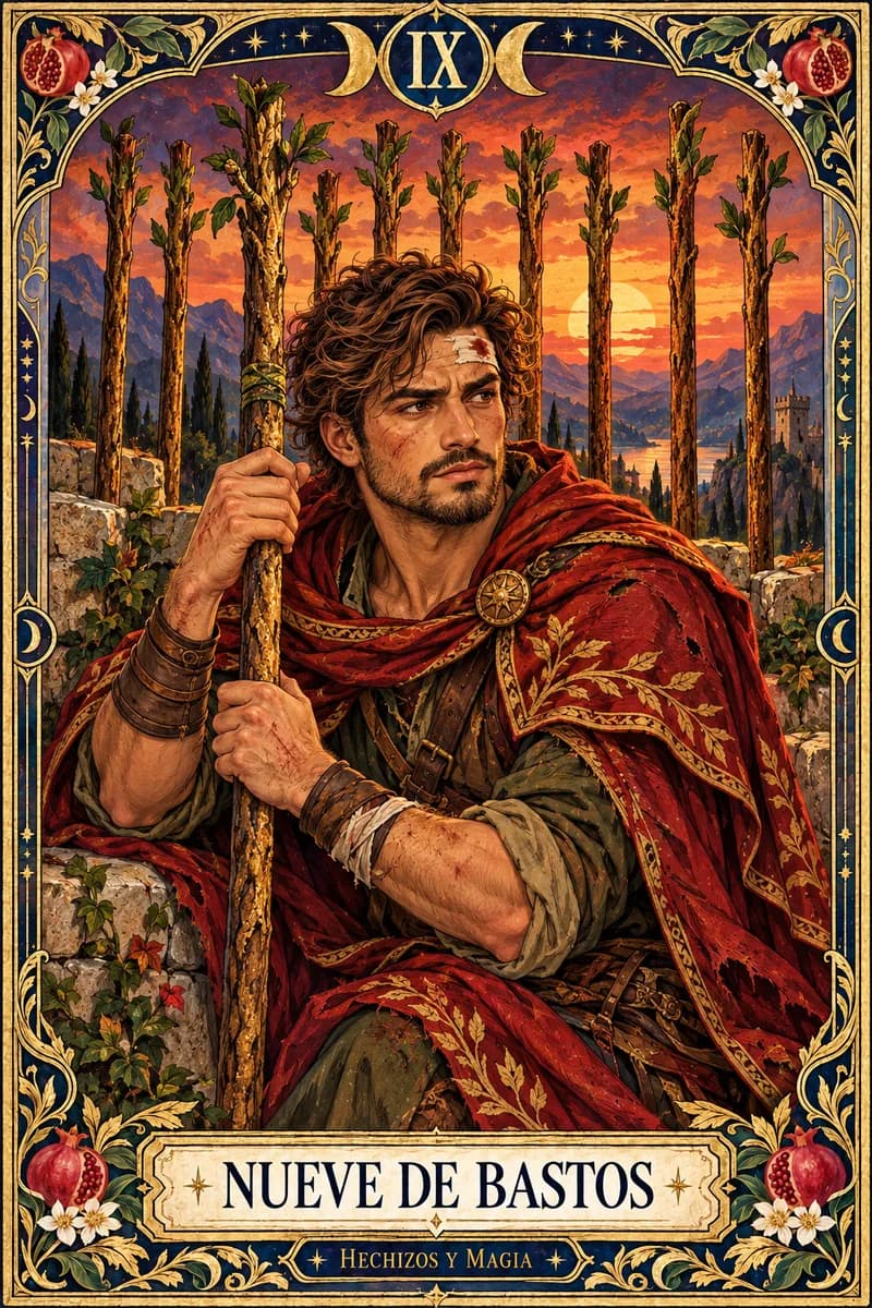 Nueve de Bastos, carta del tarot · Hechizos y Magia, Yenny Astrid Londoño