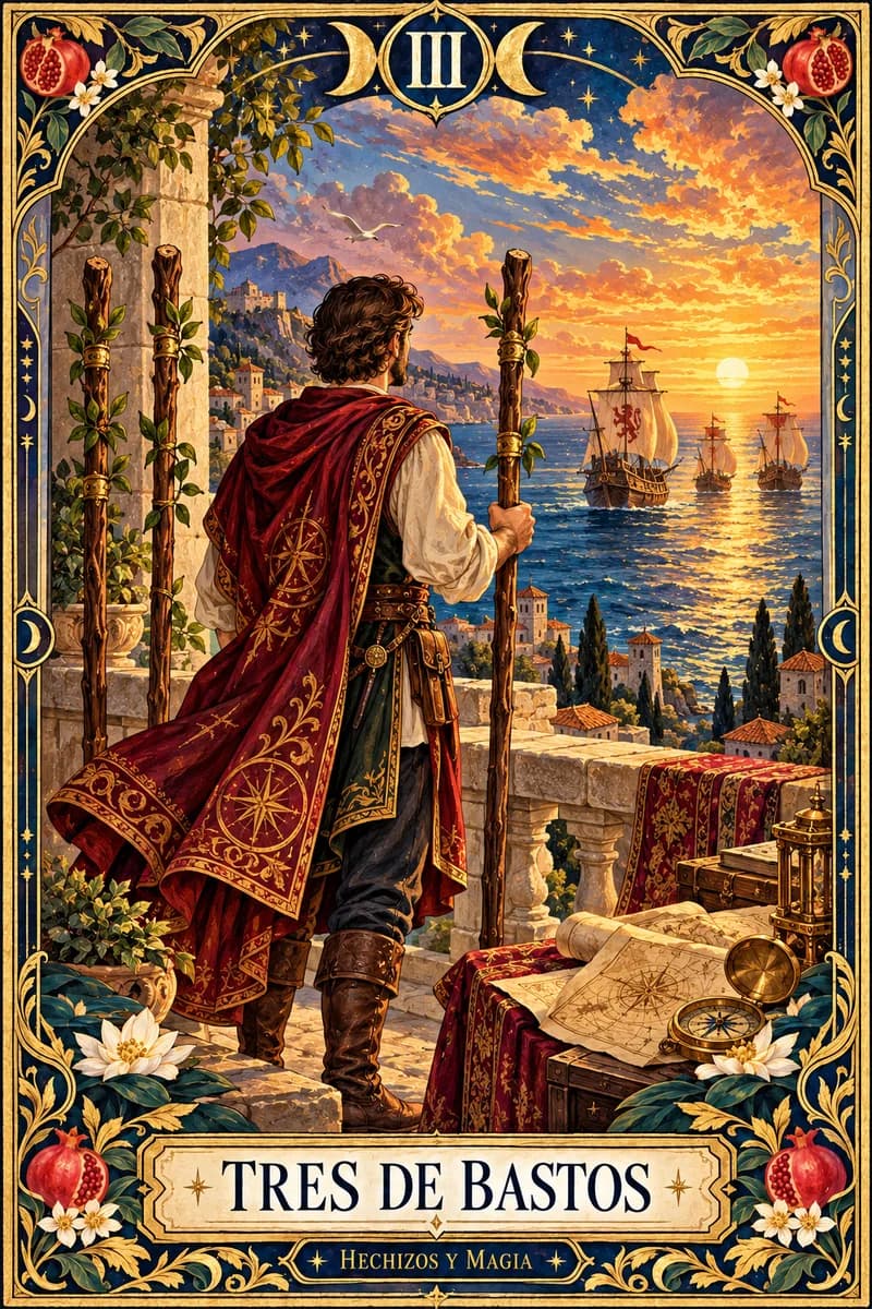 Tres de Bastos, carta del tarot · Hechizos y Magia, Yenny Astrid Londoño