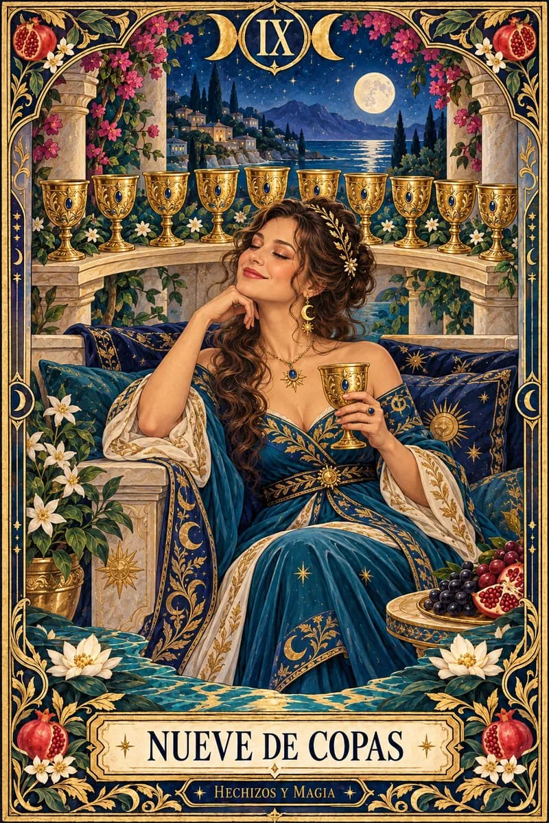 Nueve de Copas, carta del tarot · Hechizos y Magia, Yenny Astrid Londoño