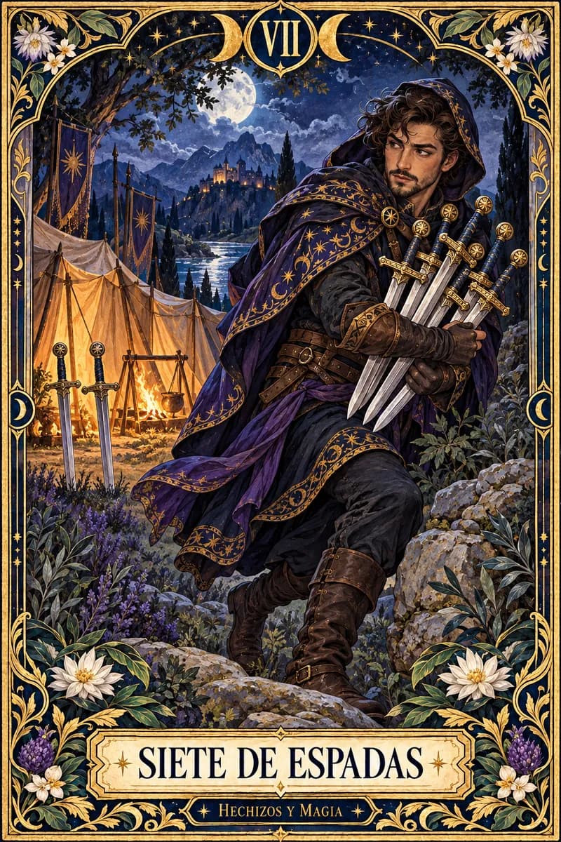 Siete de Espadas, carta del tarot · Hechizos y Magia, Yenny Astrid Londoño