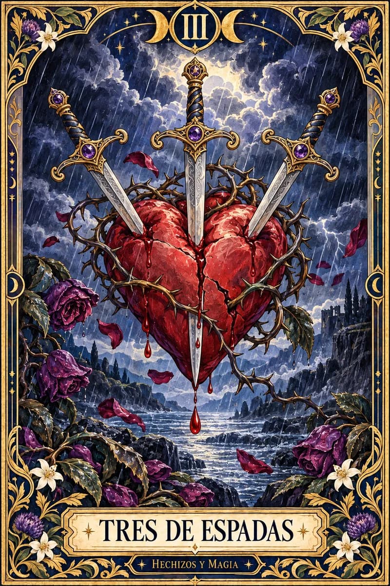 Tres de Espadas, carta del tarot · Hechizos y Magia, Yenny Astrid Londoño