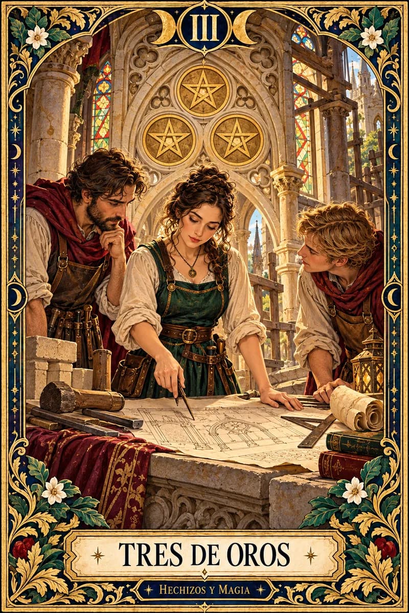 Tres de Oros, carta del tarot · Hechizos y Magia, Yenny Astrid Londoño