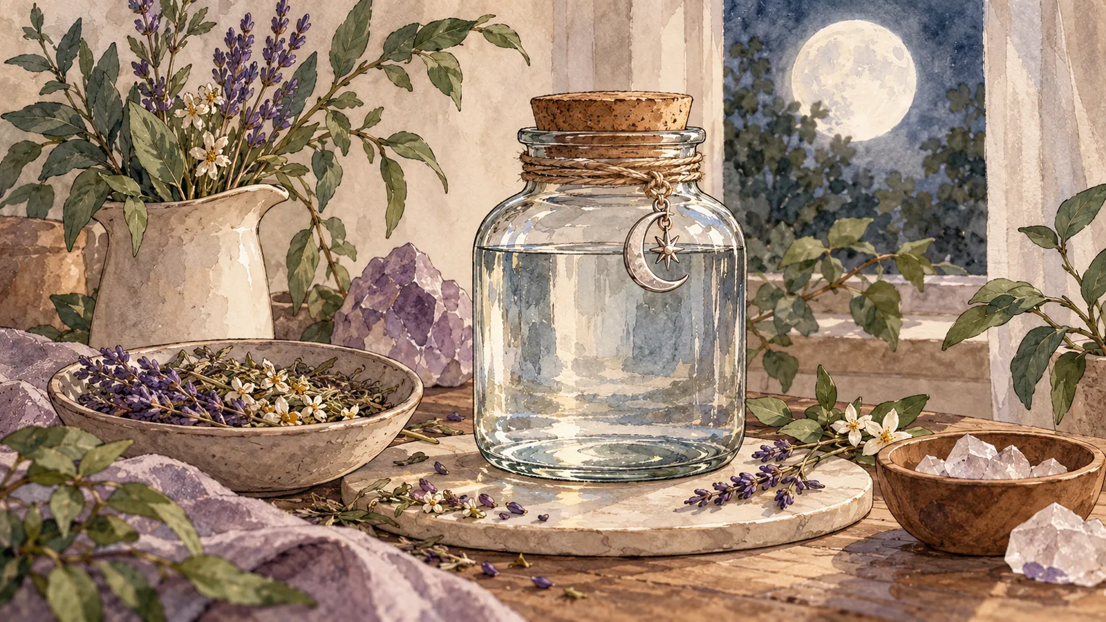 Recipiente de agua bajo la luna · Hechizos y Magia, Yenny Astrid Londoño