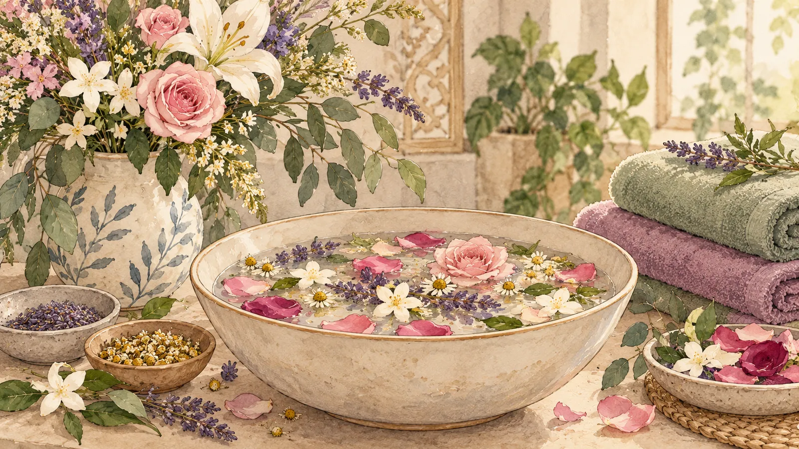 Flores y recipiente de agua · Hechizos y Magia, Yenny Astrid Londoño