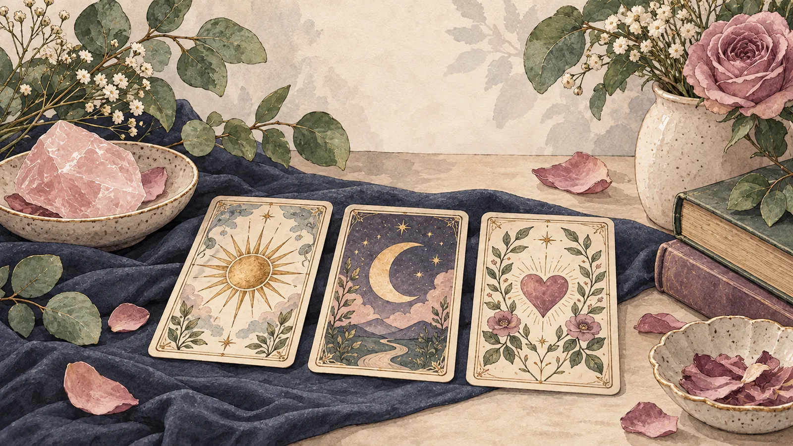 Cuarzo rosa sobre tela azul · Hechizos y Magia, Yenny Astrid Londoño