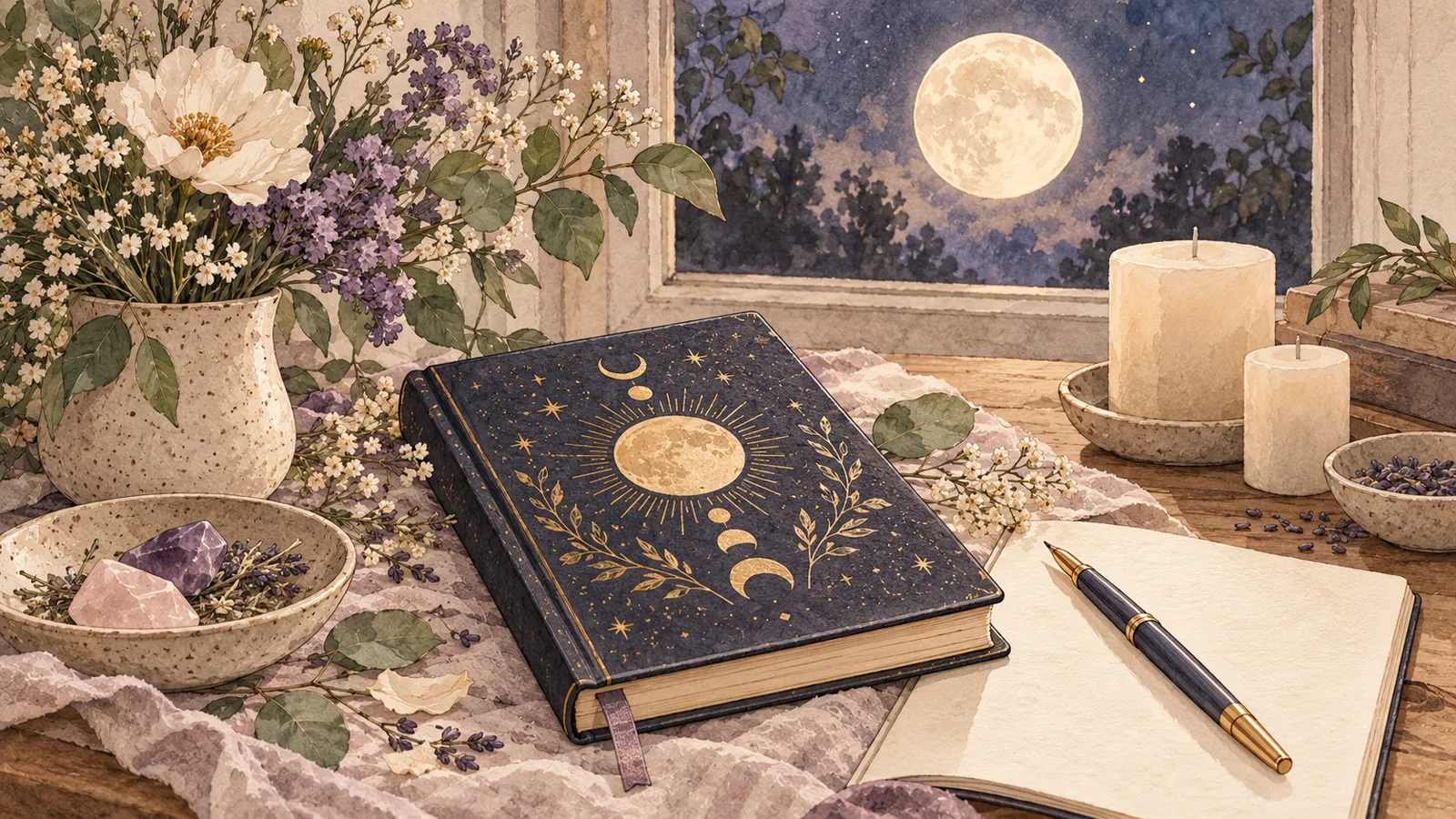 Luna llena, cuaderno y flores · Hechizos y Magia, Yenny Astrid Londoño